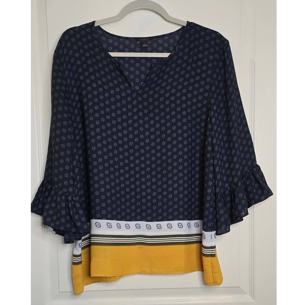 Ann Taylor Factory Navy Blue Floral Ruffle Sleeve Blouse Yellow Border Hem Large